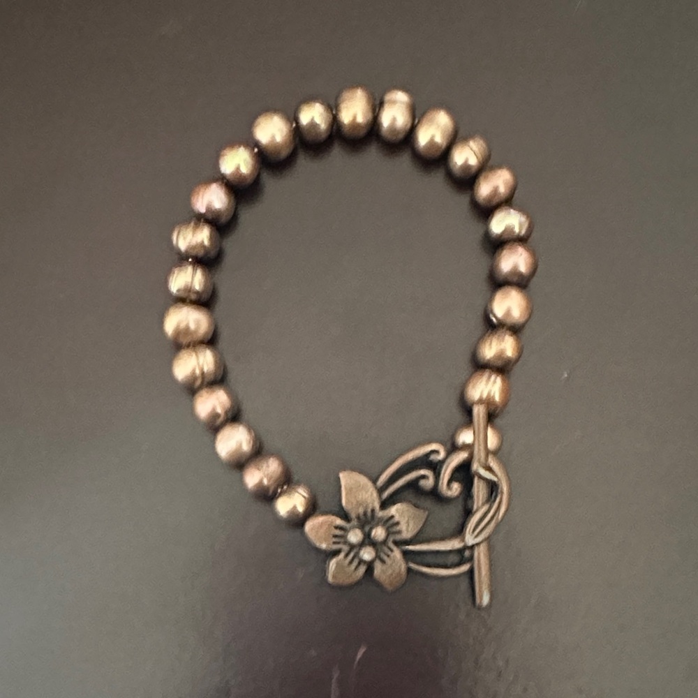 Antique Brass Flower Toggle Beaded Bracelet - Women Jewelry